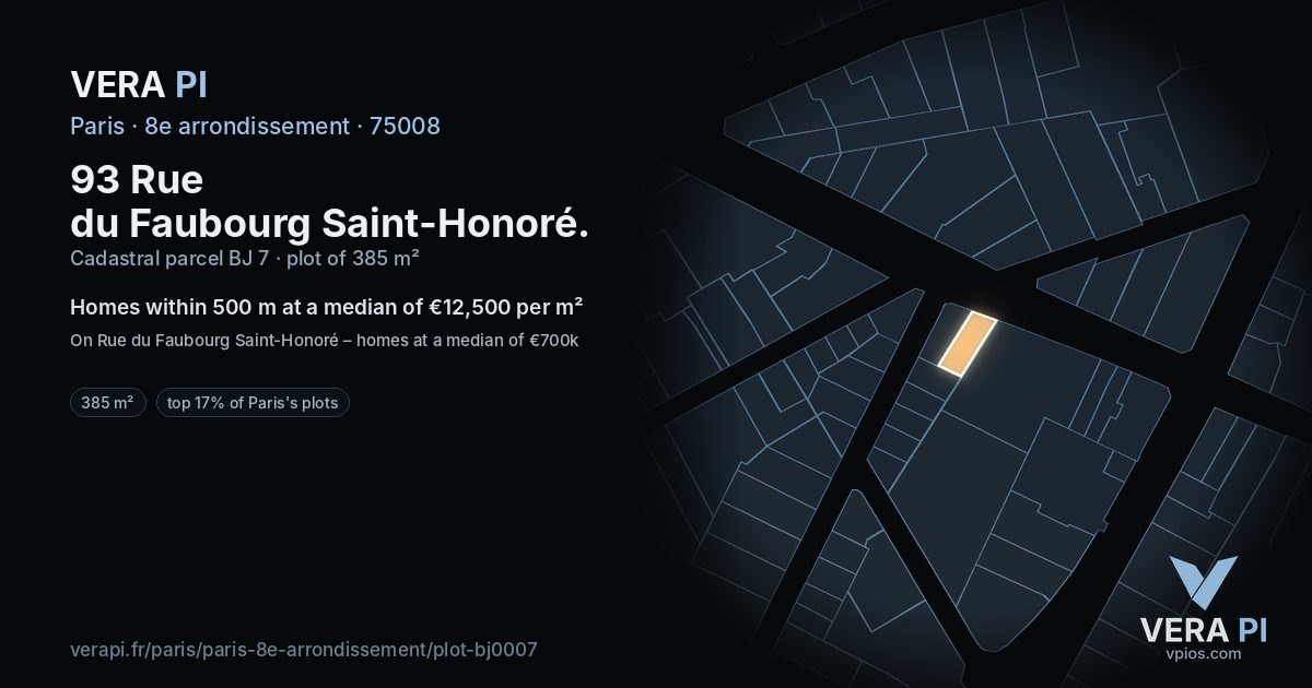 93 Rue du Faubourg Saint-Honoré, 8e arrondissement at night – the plot lit, the parcels around coloured by the prices near them