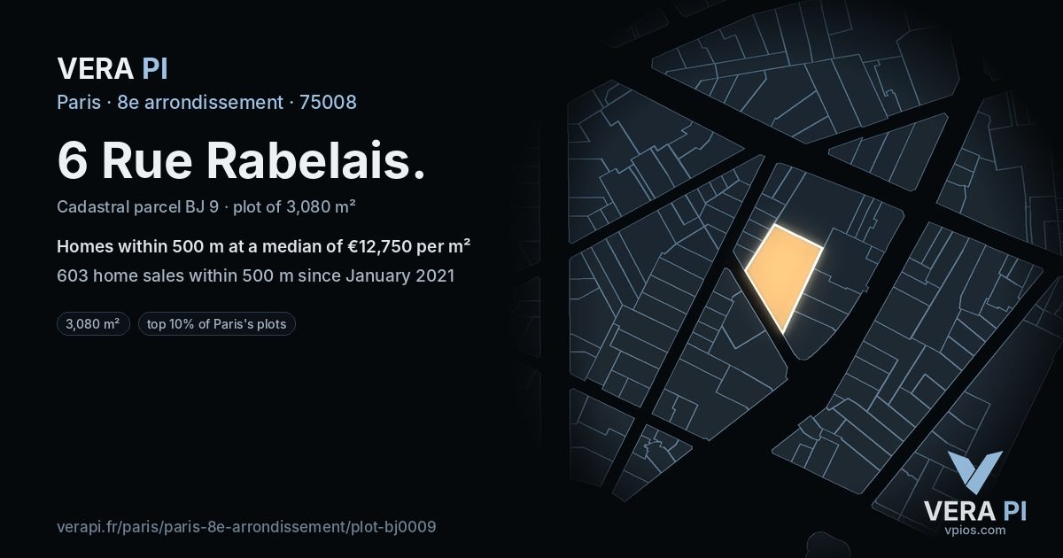 6 Rue Rabelais, 8e arrondissement at night – the plot lit, the parcels around coloured by the prices near them