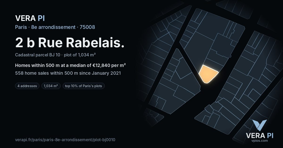 2 b Rue Rabelais, 8e arrondissement at night – the plot lit, the parcels around coloured by the prices near them