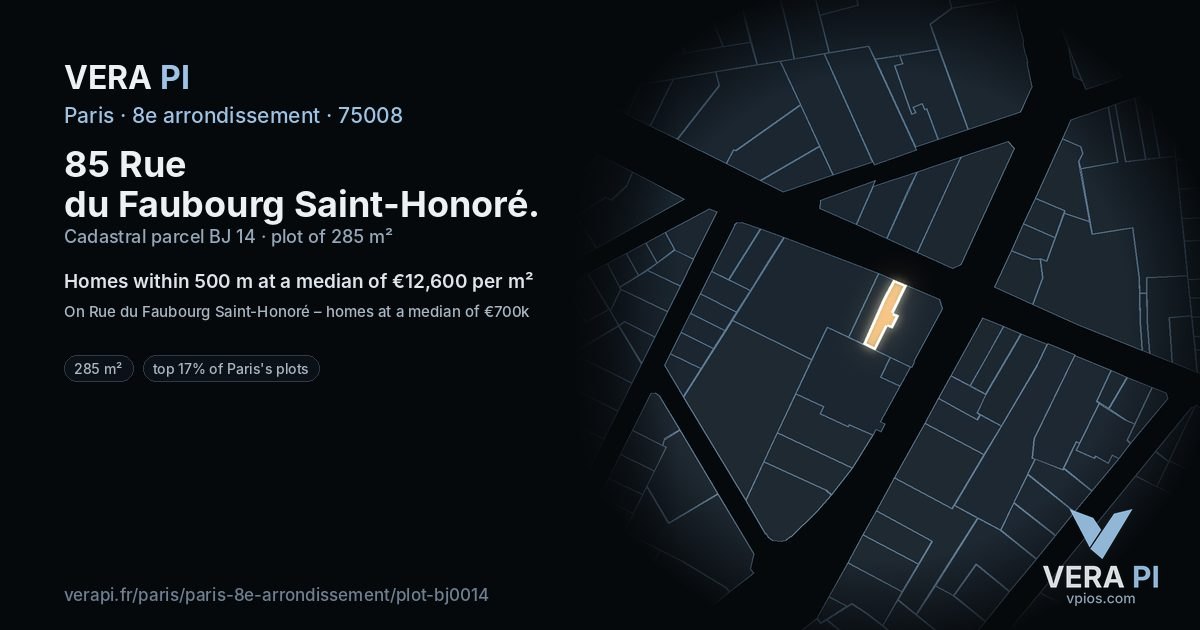 85 Rue du Faubourg Saint-Honoré, 8e arrondissement at night – the plot lit, the parcels around coloured by the prices near them