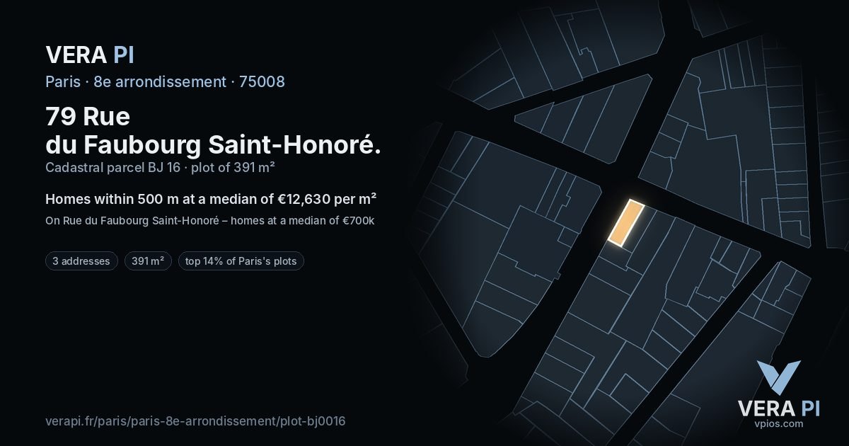 79 Rue du Faubourg Saint-Honoré, 8e arrondissement at night – the plot lit, the parcels around coloured by the prices near them