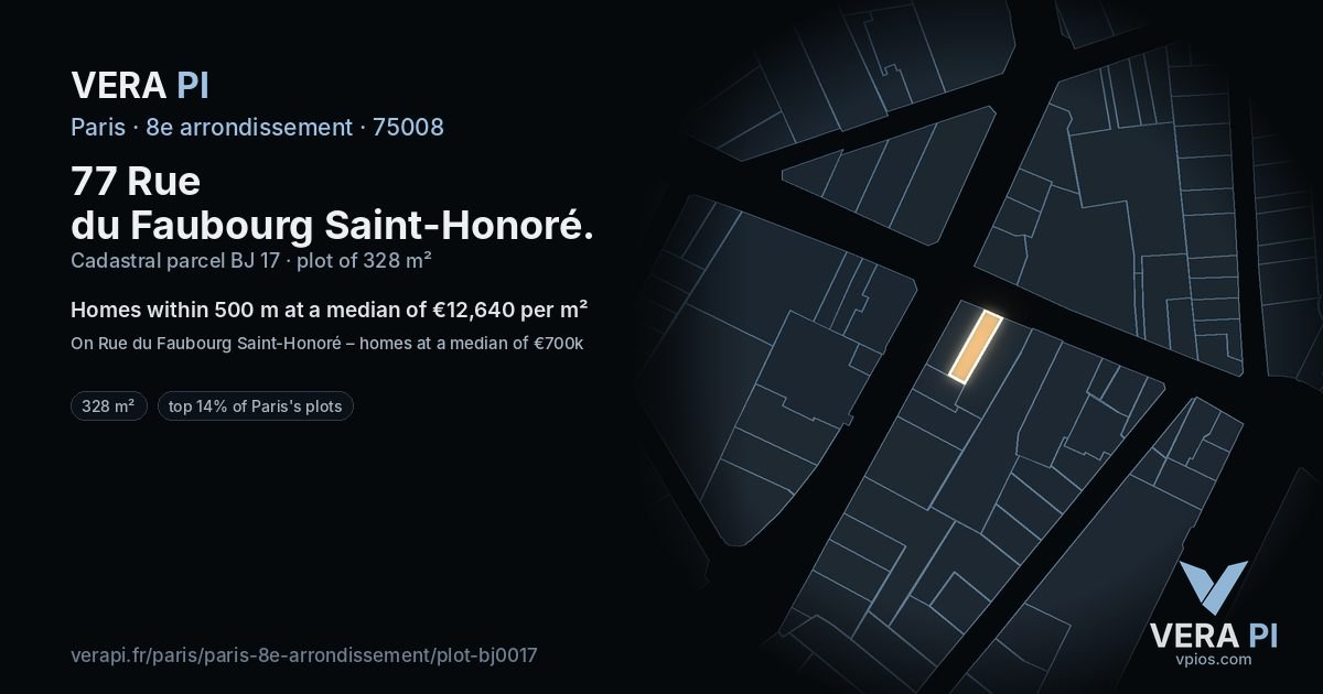 77 Rue du Faubourg Saint-Honoré, 8e arrondissement at night – the plot lit, the parcels around coloured by the prices near them