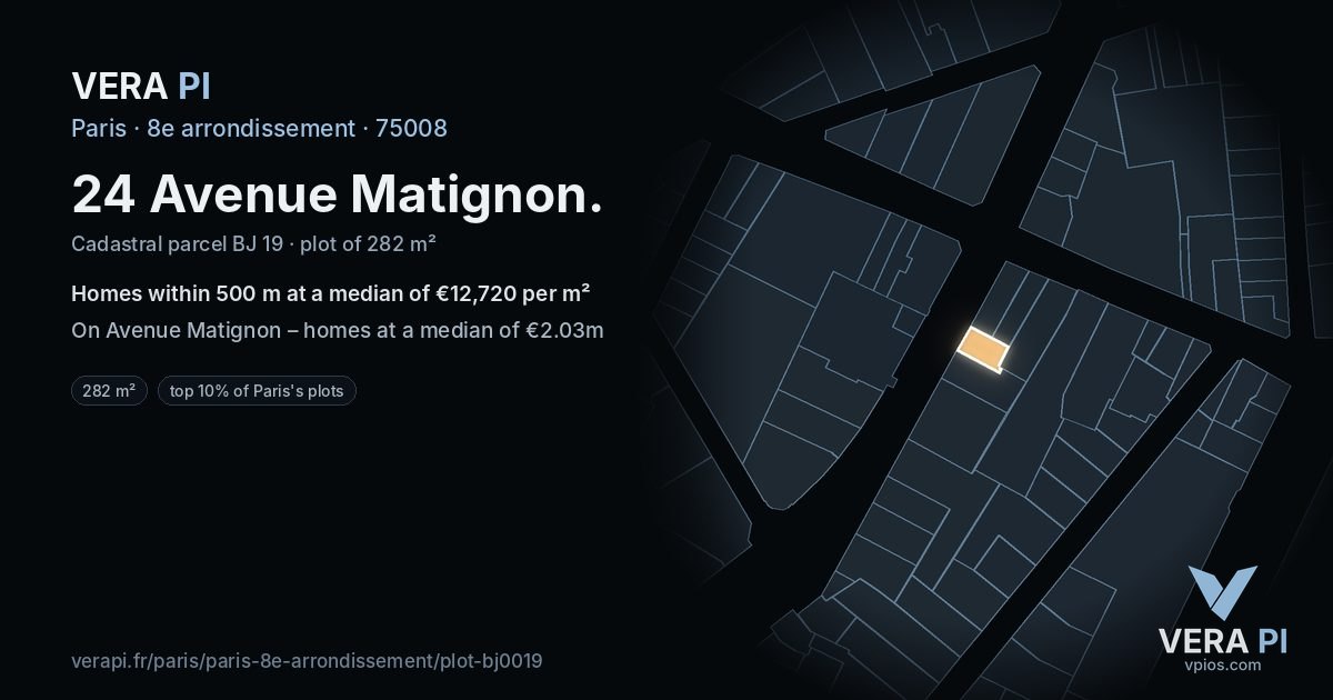 24 Avenue Matignon, 8e arrondissement at night – the plot lit, the parcels around coloured by the prices near them