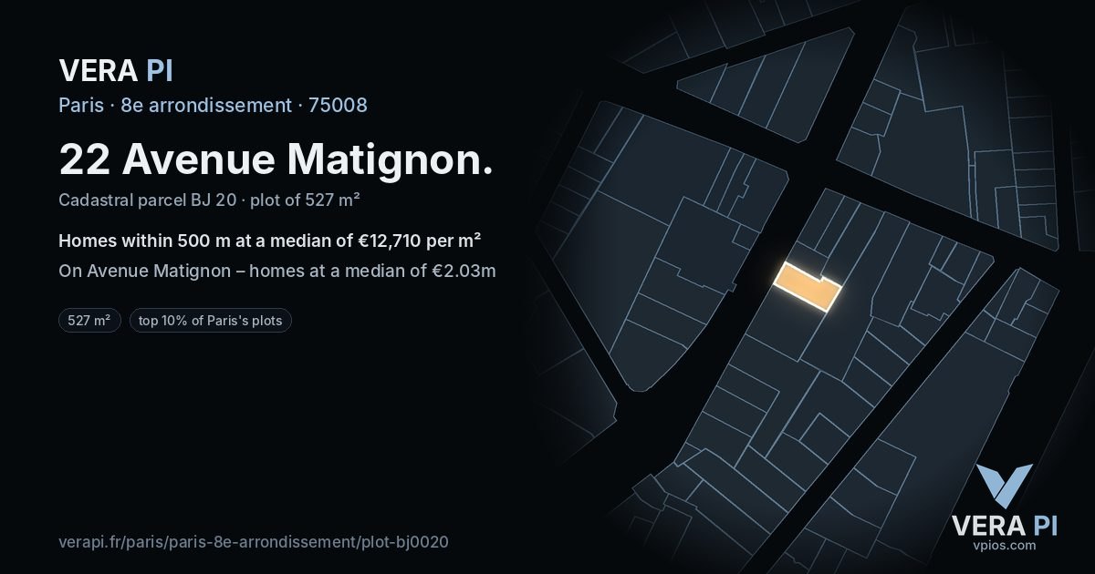 22 Avenue Matignon, 8e arrondissement at night – the plot lit, the parcels around coloured by the prices near them