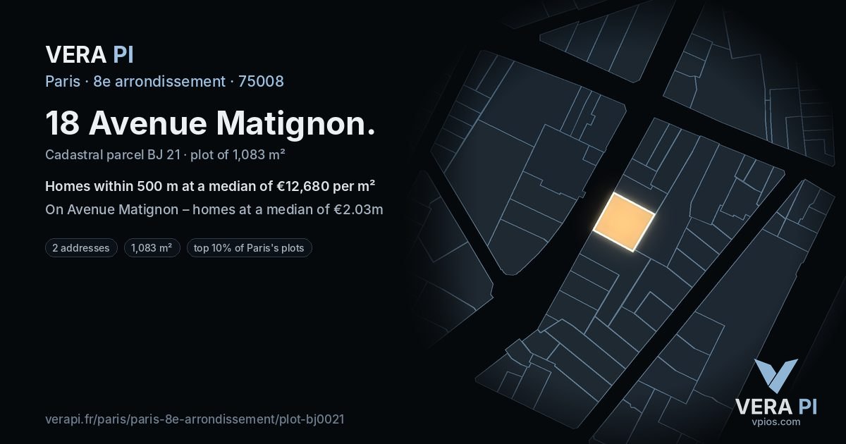 18 Avenue Matignon, 8e arrondissement at night – the plot lit, the parcels around coloured by the prices near them