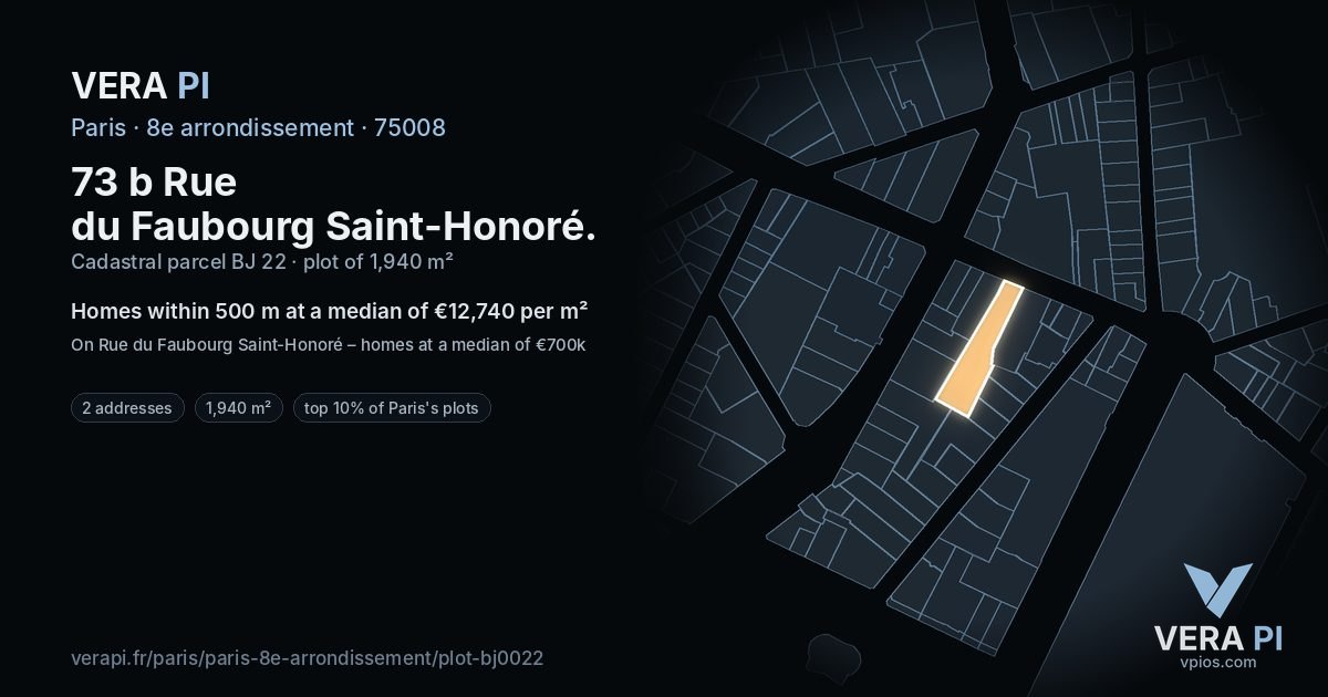 73 b Rue du Faubourg Saint-Honoré, 8e arrondissement at night – the plot lit, the parcels around coloured by the prices near them