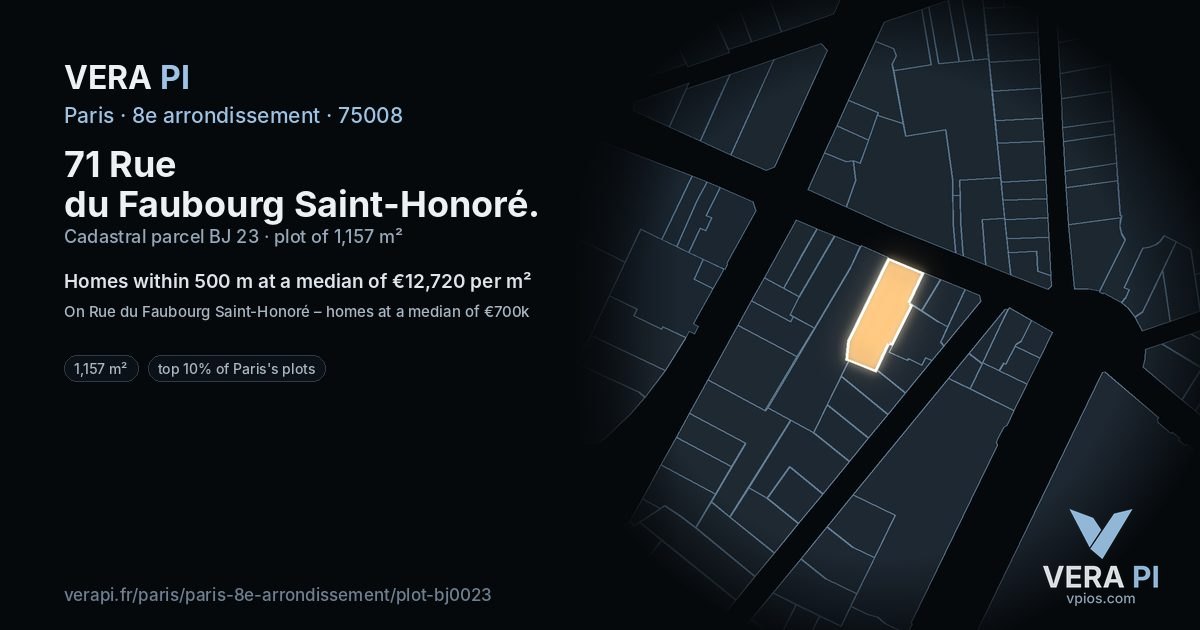 71 Rue du Faubourg Saint-Honoré, 8e arrondissement at night – the plot lit, the parcels around coloured by the prices near them