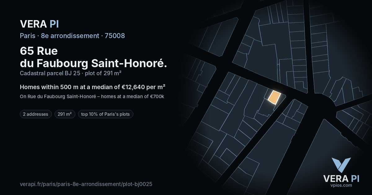 65 Rue du Faubourg Saint-Honoré, 8e arrondissement at night – the plot lit, the parcels around coloured by the prices near them