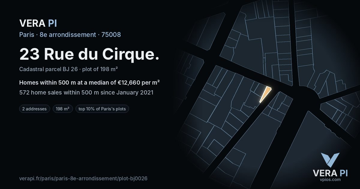 23 Rue du Cirque, 8e arrondissement at night – the plot lit, the parcels around coloured by the prices near them
