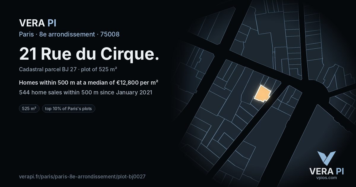 21 Rue du Cirque, 8e arrondissement at night – the plot lit, the parcels around coloured by the prices near them