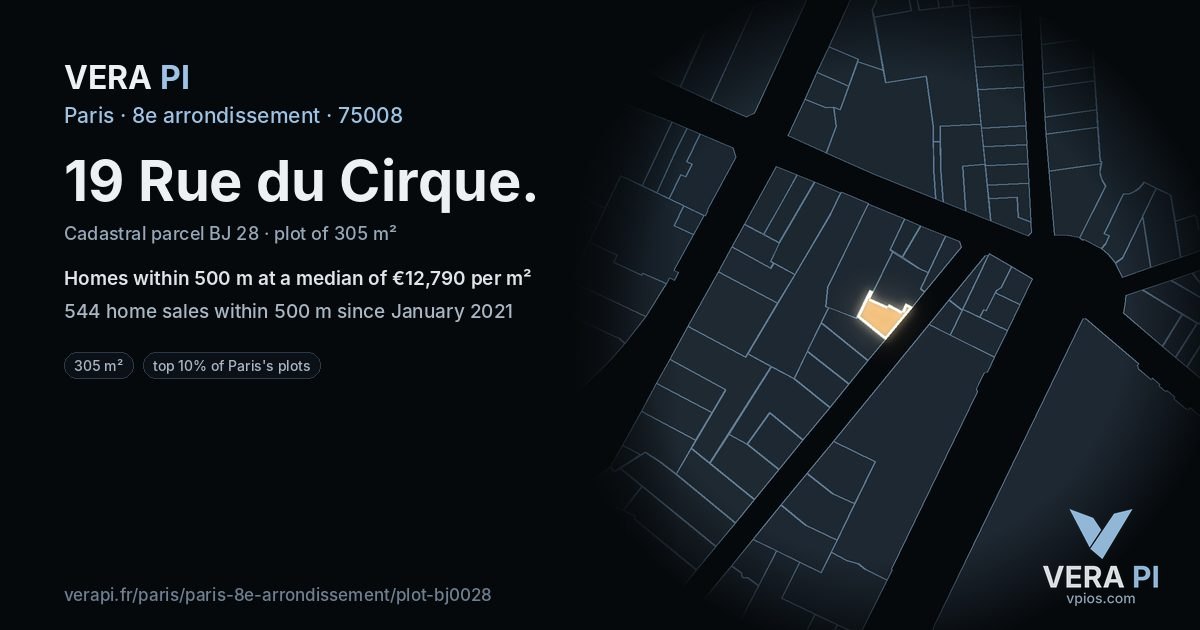 19 Rue du Cirque, 8e arrondissement at night – the plot lit, the parcels around coloured by the prices near them