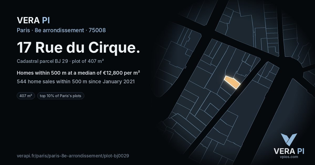 17 Rue du Cirque, 8e arrondissement at night – the plot lit, the parcels around coloured by the prices near them