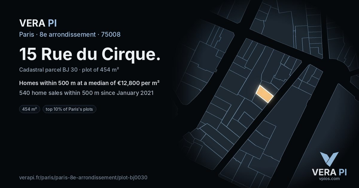 15 Rue du Cirque, 8e arrondissement at night – the plot lit, the parcels around coloured by the prices near them