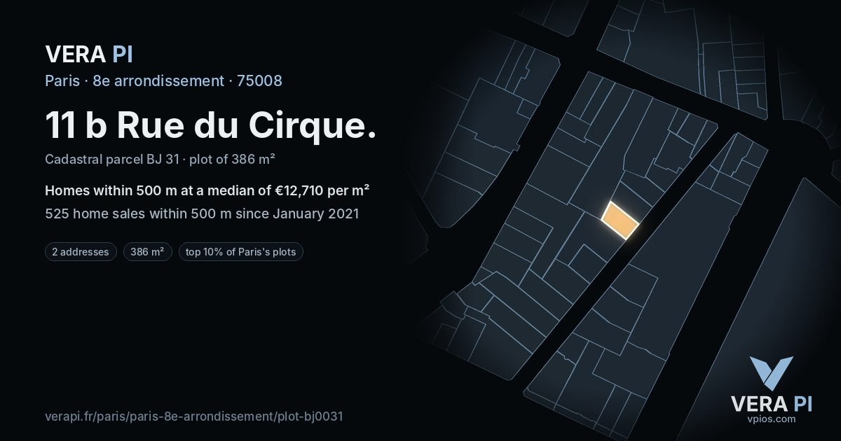 11 b Rue du Cirque, 8e arrondissement at night – the plot lit, the parcels around coloured by the prices near them