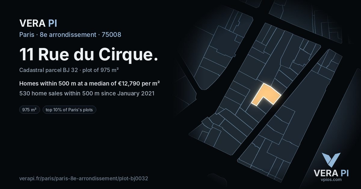 11 Rue du Cirque, 8e arrondissement at night – the plot lit, the parcels around coloured by the prices near them