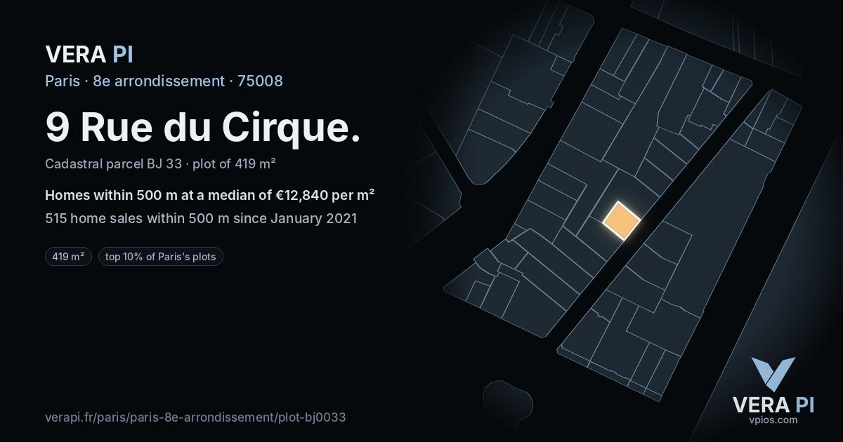 9 Rue du Cirque, 8e arrondissement at night – the plot lit, the parcels around coloured by the prices near them