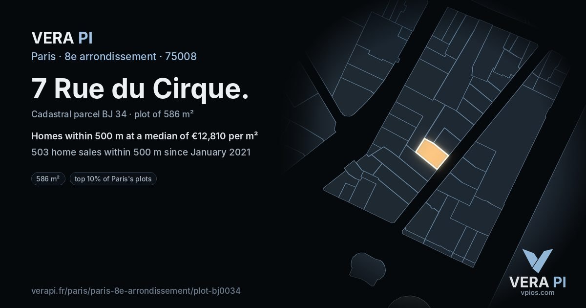 7 Rue du Cirque, 8e arrondissement at night – the plot lit, the parcels around coloured by the prices near them