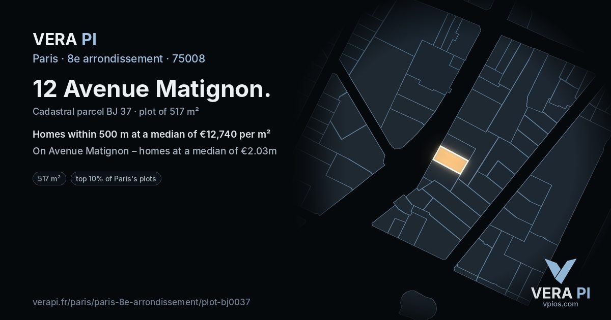 12 Avenue Matignon, 8e arrondissement at night – the plot lit, the parcels around coloured by the prices near them
