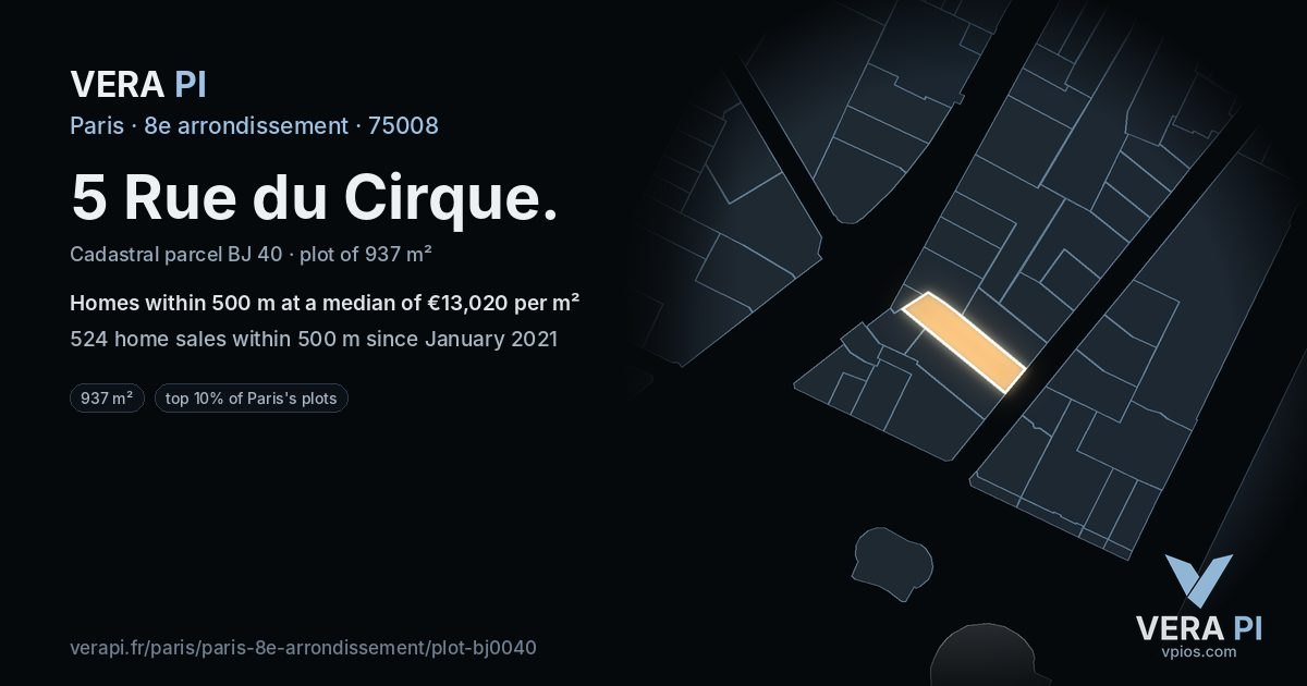 5 Rue du Cirque, 8e arrondissement at night – the plot lit, the parcels around coloured by the prices near them