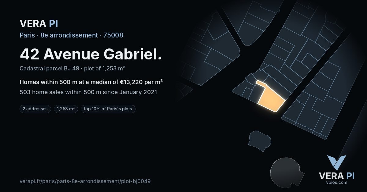 42 Avenue Gabriel, 8e arrondissement at night – the plot lit, the parcels around coloured by the prices near them