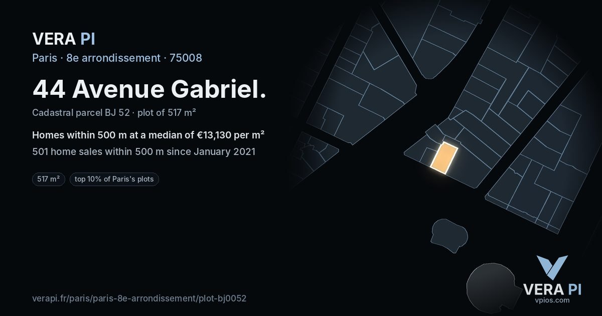 44 Avenue Gabriel, 8e arrondissement at night – the plot lit, the parcels around coloured by the prices near them