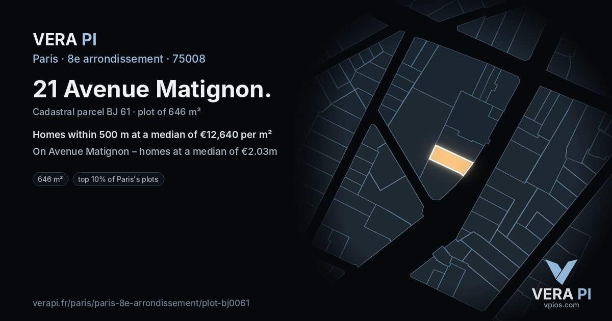 21 Avenue Matignon, 8e arrondissement at night – the plot lit, the parcels around coloured by the prices near them