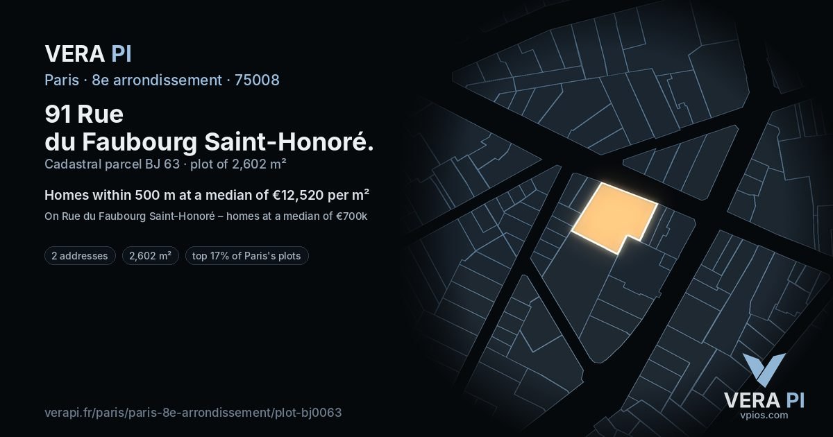 91 Rue du Faubourg Saint-Honoré, 8e arrondissement at night – the plot lit, the parcels around coloured by the prices near them