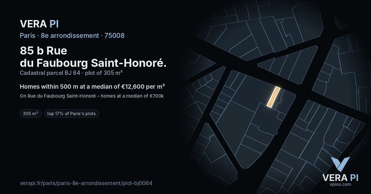 85 b Rue du Faubourg Saint-Honoré, 8e arrondissement at night – the plot lit, the parcels around coloured by the prices near them