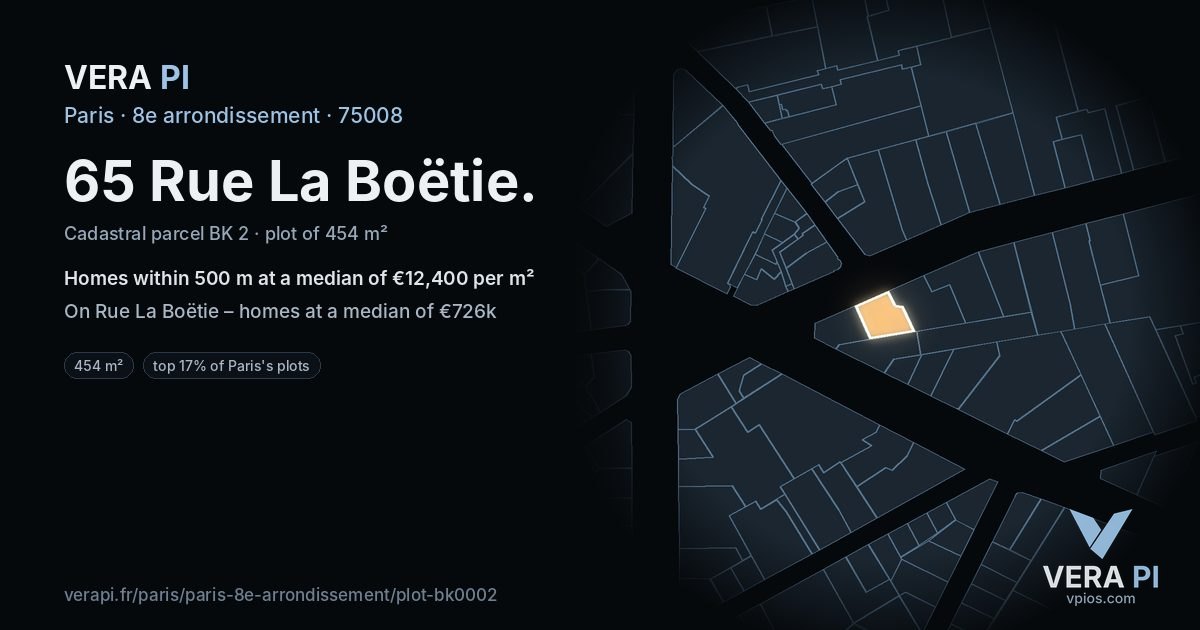 65 Rue La Boëtie, 8e arrondissement at night – the plot lit, the parcels around coloured by the prices near them