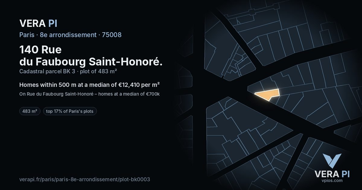 140 Rue du Faubourg Saint-Honoré, 8e arrondissement at night – the plot lit, the parcels around coloured by the prices near them