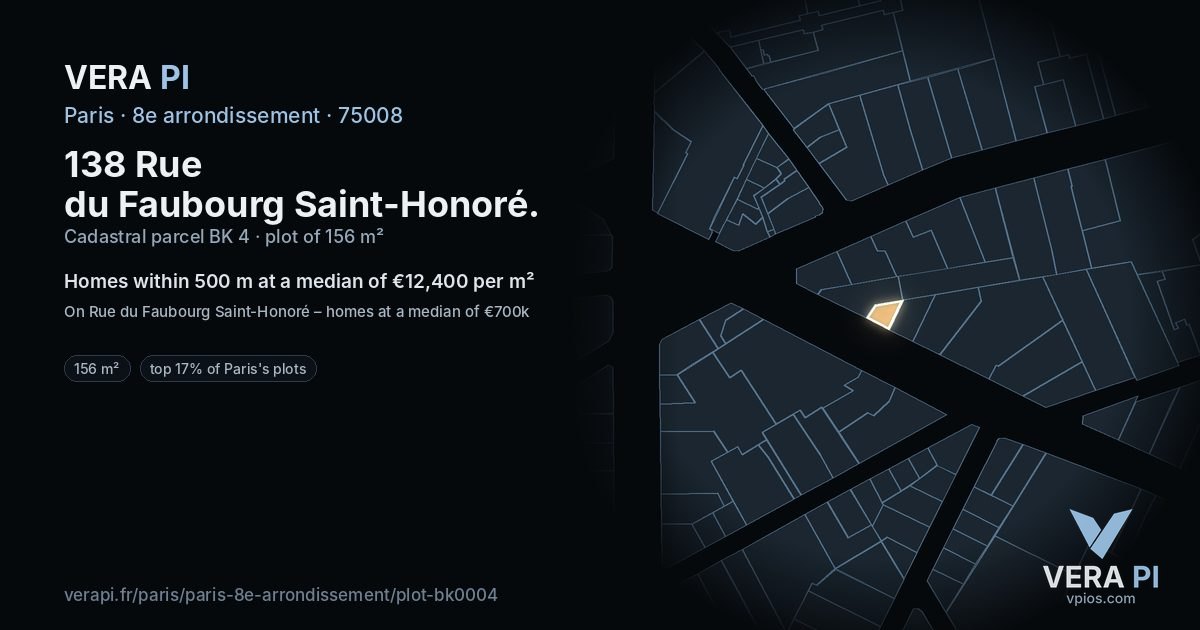 138 Rue du Faubourg Saint-Honoré, 8e arrondissement at night – the plot lit, the parcels around coloured by the prices near them