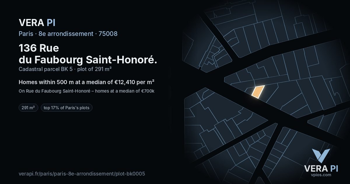 136 Rue du Faubourg Saint-Honoré, 8e arrondissement at night – the plot lit, the parcels around coloured by the prices near them