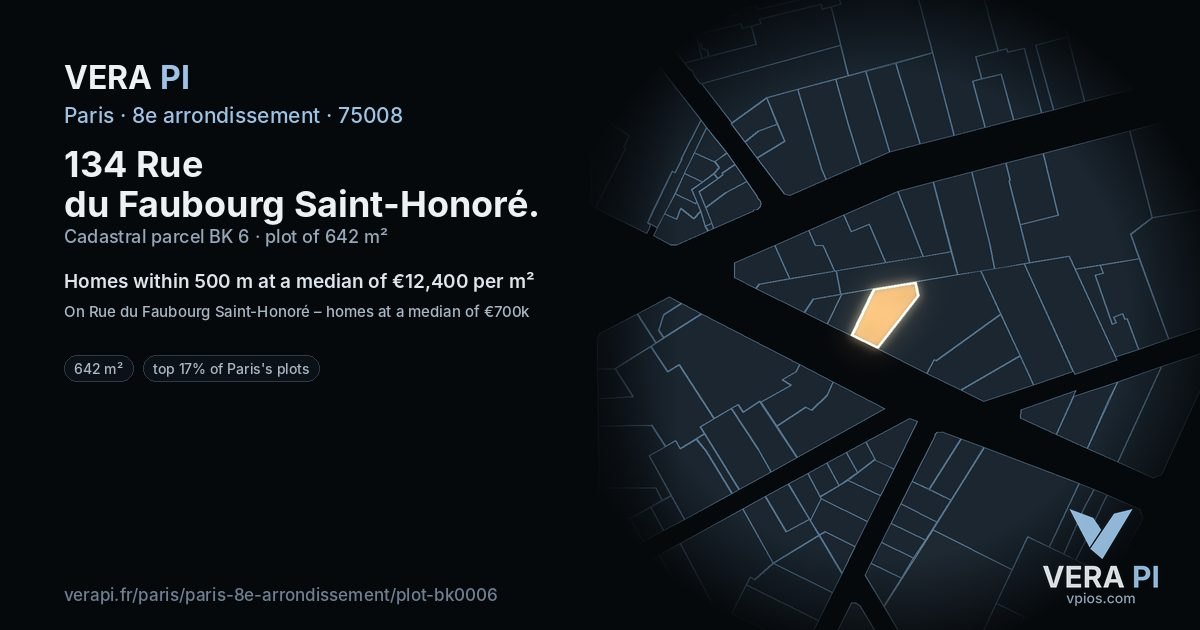 134 Rue du Faubourg Saint-Honoré, 8e arrondissement at night – the plot lit, the parcels around coloured by the prices near them