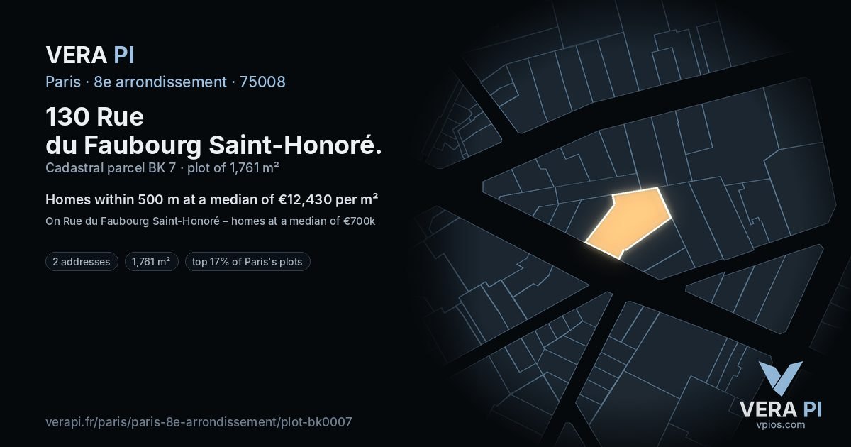 130 Rue du Faubourg Saint-Honoré, 8e arrondissement at night – the plot lit, the parcels around coloured by the prices near them