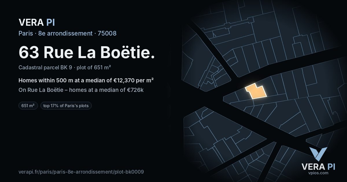 63 Rue La Boëtie, 8e arrondissement at night – the plot lit, the parcels around coloured by the prices near them