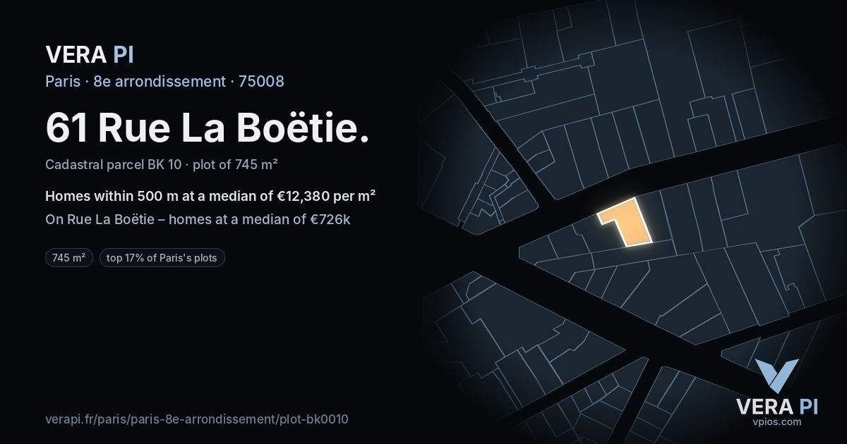 61 Rue La Boëtie, 8e arrondissement at night – the plot lit, the parcels around coloured by the prices near them