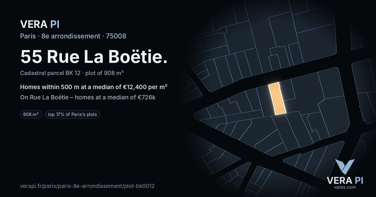 55 Rue La Boëtie, 8e arrondissement at night – the plot lit, the parcels around coloured by the prices near them