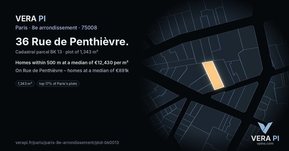 36 Rue de Penthièvre, 8e arrondissement at night – the plot lit, the parcels around coloured by the prices near them