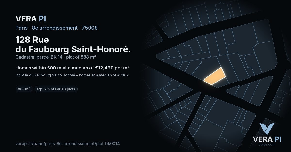 128 Rue du Faubourg Saint-Honoré, 8e arrondissement at night – the plot lit, the parcels around coloured by the prices near them