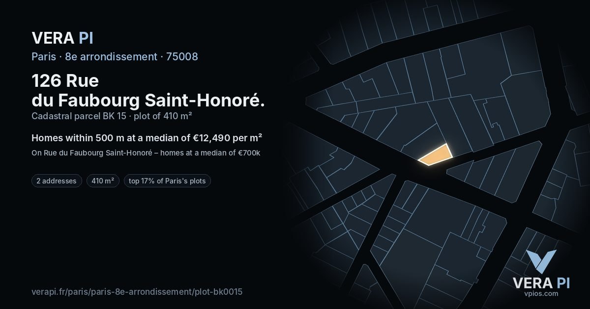 126 Rue du Faubourg Saint-Honoré, 8e arrondissement at night – the plot lit, the parcels around coloured by the prices near them