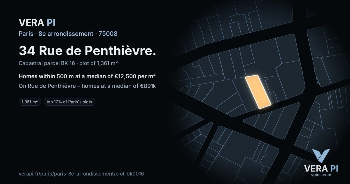 34 Rue de Penthièvre, 8e arrondissement at night – the plot lit, the parcels around coloured by the prices near them
