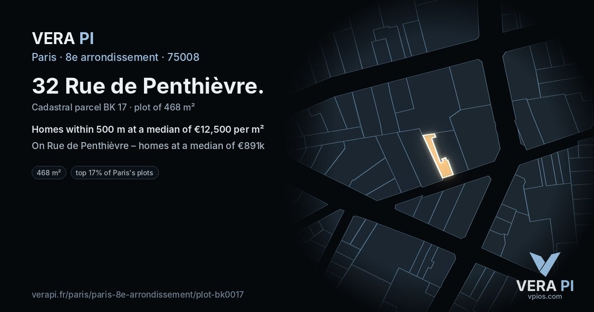 32 Rue de Penthièvre, 8e arrondissement at night – the plot lit, the parcels around coloured by the prices near them
