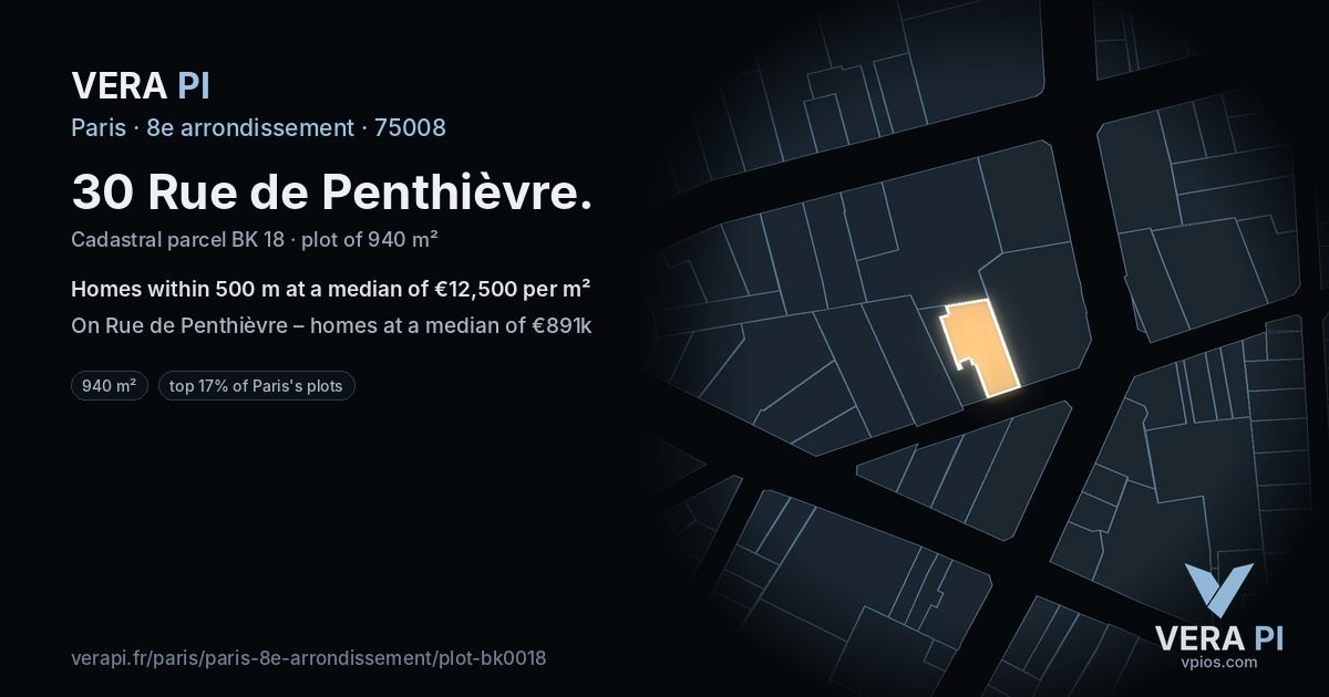 30 Rue de Penthièvre, 8e arrondissement at night – the plot lit, the parcels around coloured by the prices near them
