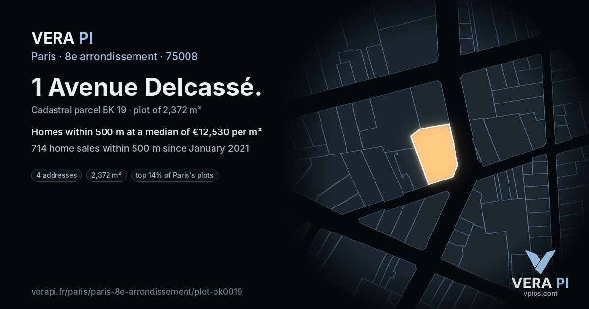 1 Avenue Delcassé, 8e arrondissement at night – the plot lit, the parcels around coloured by the prices near them