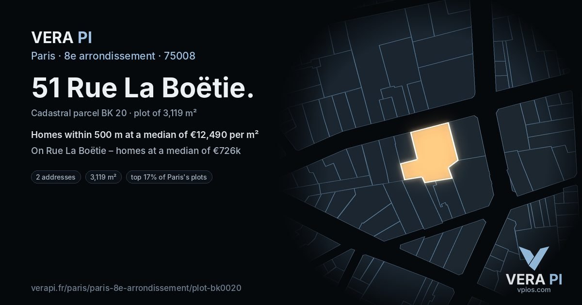 51 Rue La Boëtie, 8e arrondissement at night – the plot lit, the parcels around coloured by the prices near them