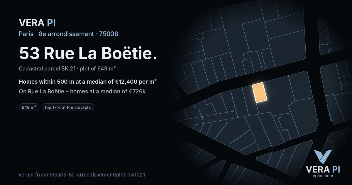 53 Rue La Boëtie, 8e arrondissement at night – the plot lit, the parcels around coloured by the prices near them