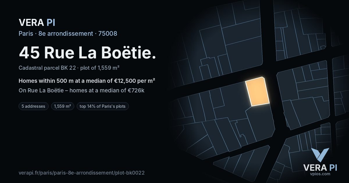 45 Rue La Boëtie, 8e arrondissement at night – the plot lit, the parcels around coloured by the prices near them