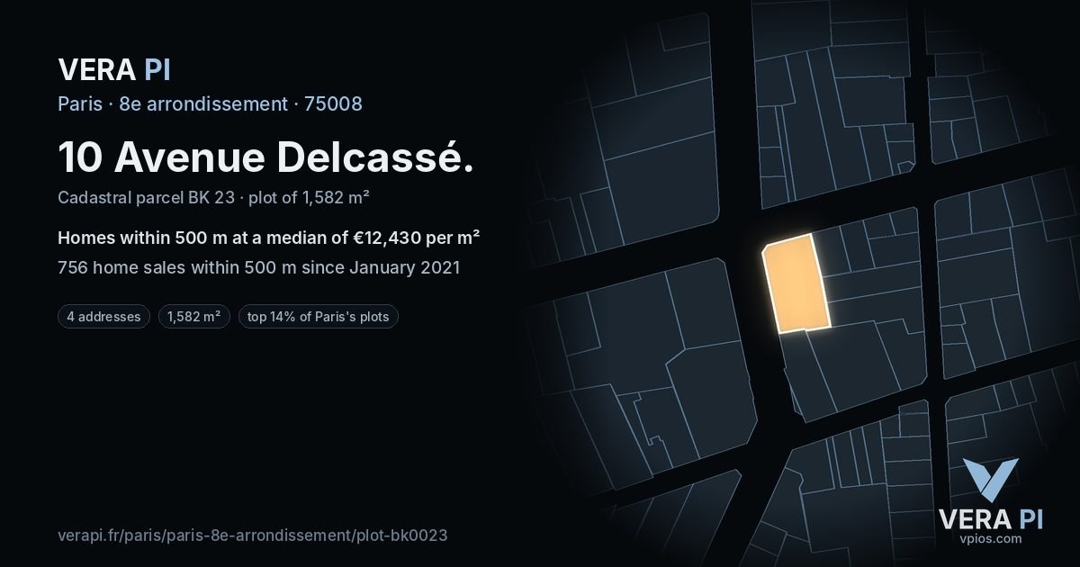 10 Avenue Delcassé, 8e arrondissement at night – the plot lit, the parcels around coloured by the prices near them