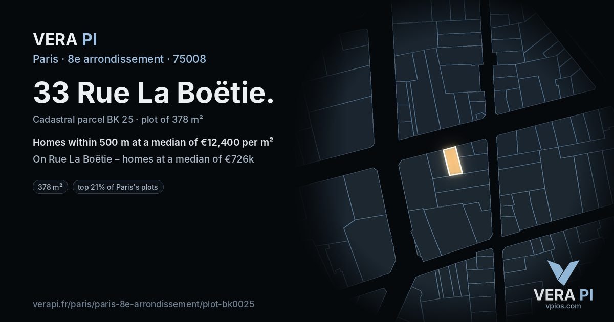 33 Rue La Boëtie, 8e arrondissement at night – the plot lit, the parcels around coloured by the prices near them