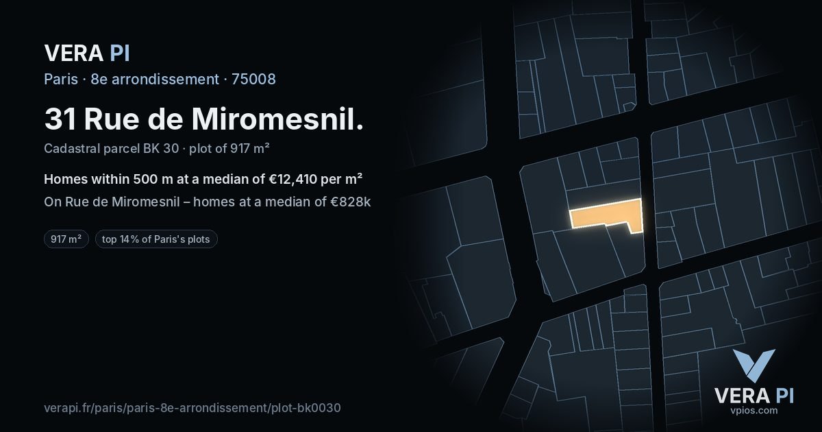 31 Rue de Miromesnil, 8e arrondissement at night – the plot lit, the parcels around coloured by the prices near them